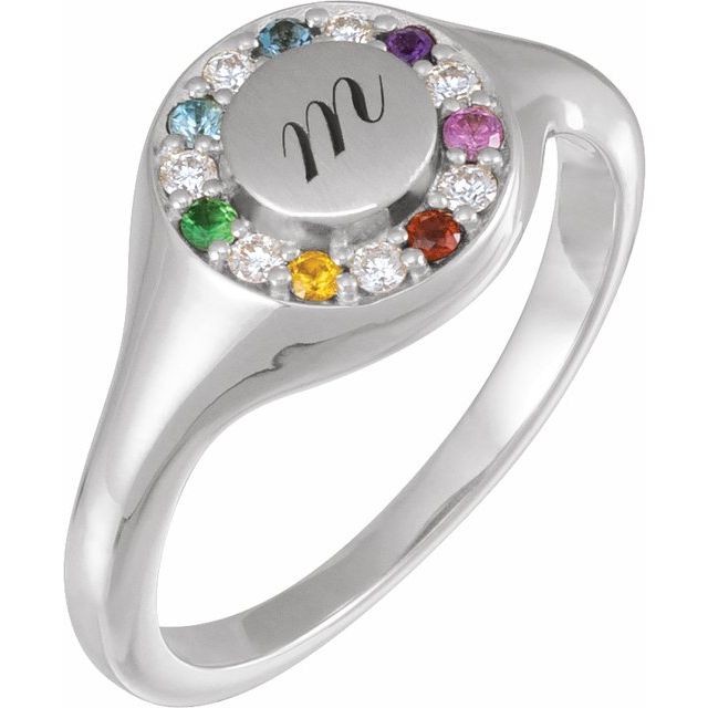 14K White Natural Multi-Gemstone & 1/10 CTW Natural Diamond Halo-Style Signet Ring