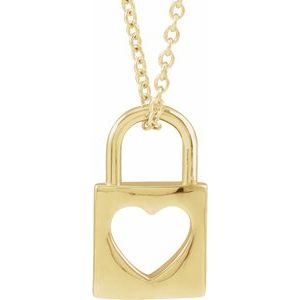 14K Yellow 13.6x9 mm Cutout Heart Lock 16-18" Necklace