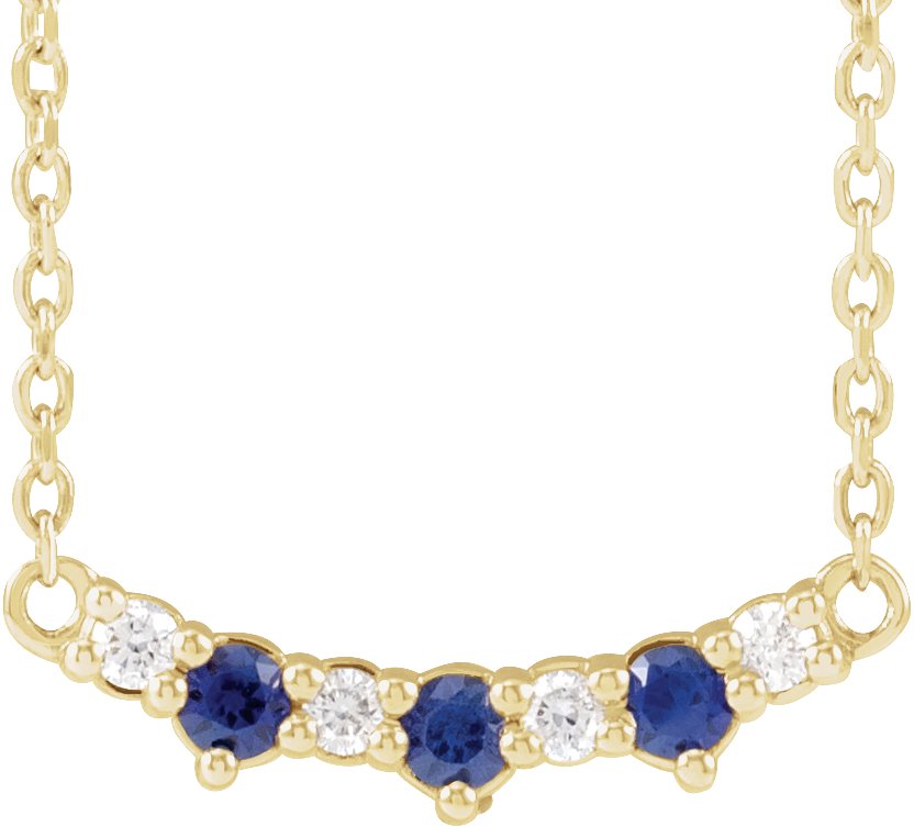 14K Yellow Lab-Grown Blue Sapphire & .05 CTW Natural Diamond Three-Stone Bar 18" Necklace