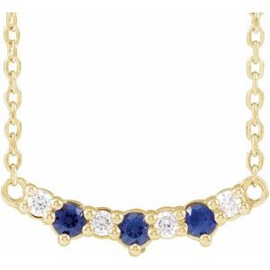 14K Yellow Lab-Grown Blue Sapphire & .05 CTW Natural Diamond Three-Stone Bar 18" Necklace