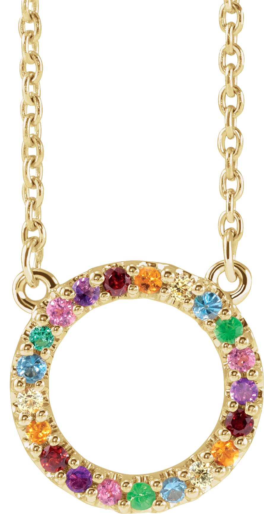 14K Yellow Natural Multi-Gemstone Rainbow Circle 16" Necklace