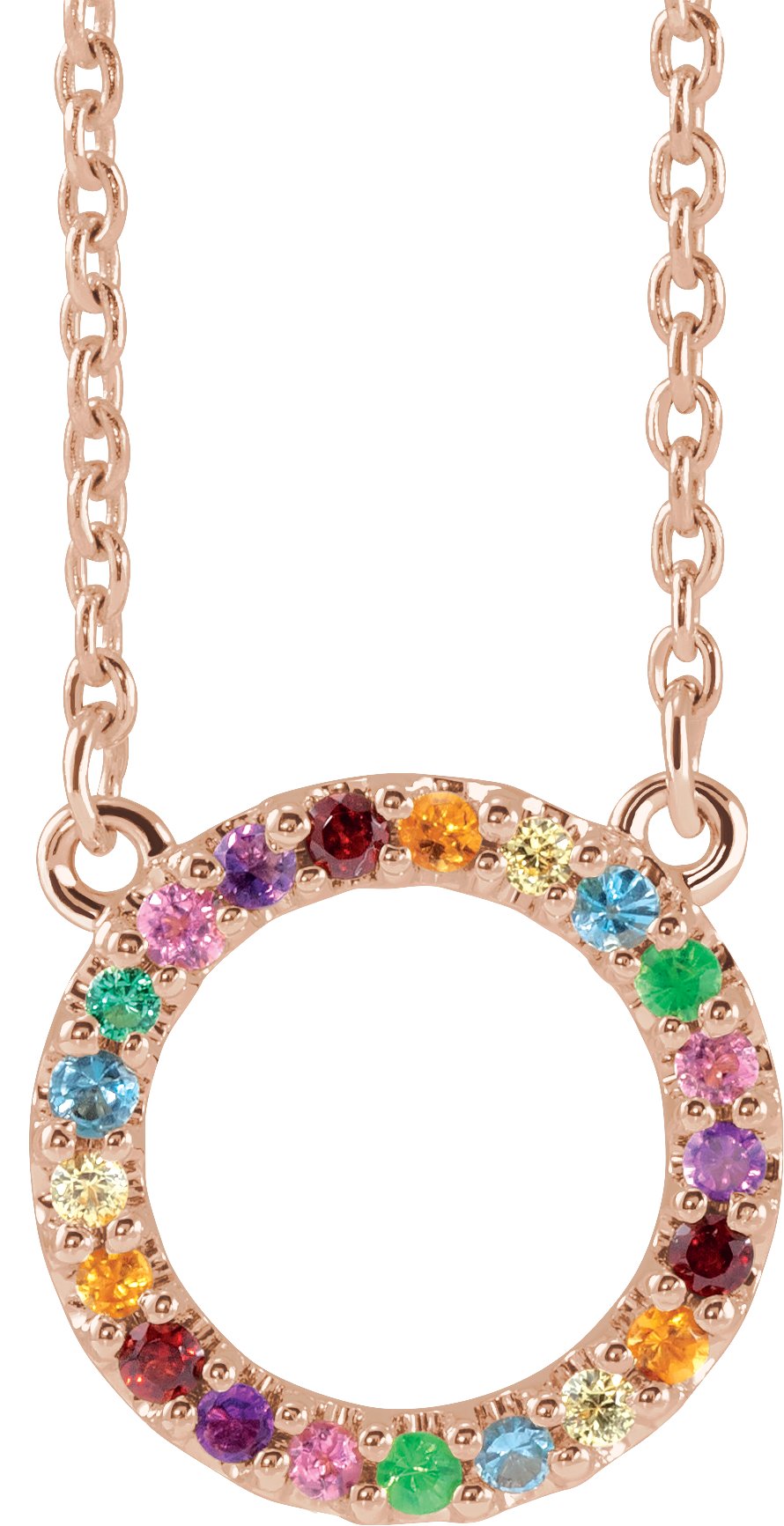 14K Rose Natural Multi-Gemstone Rainbow Circle 16" Necklace