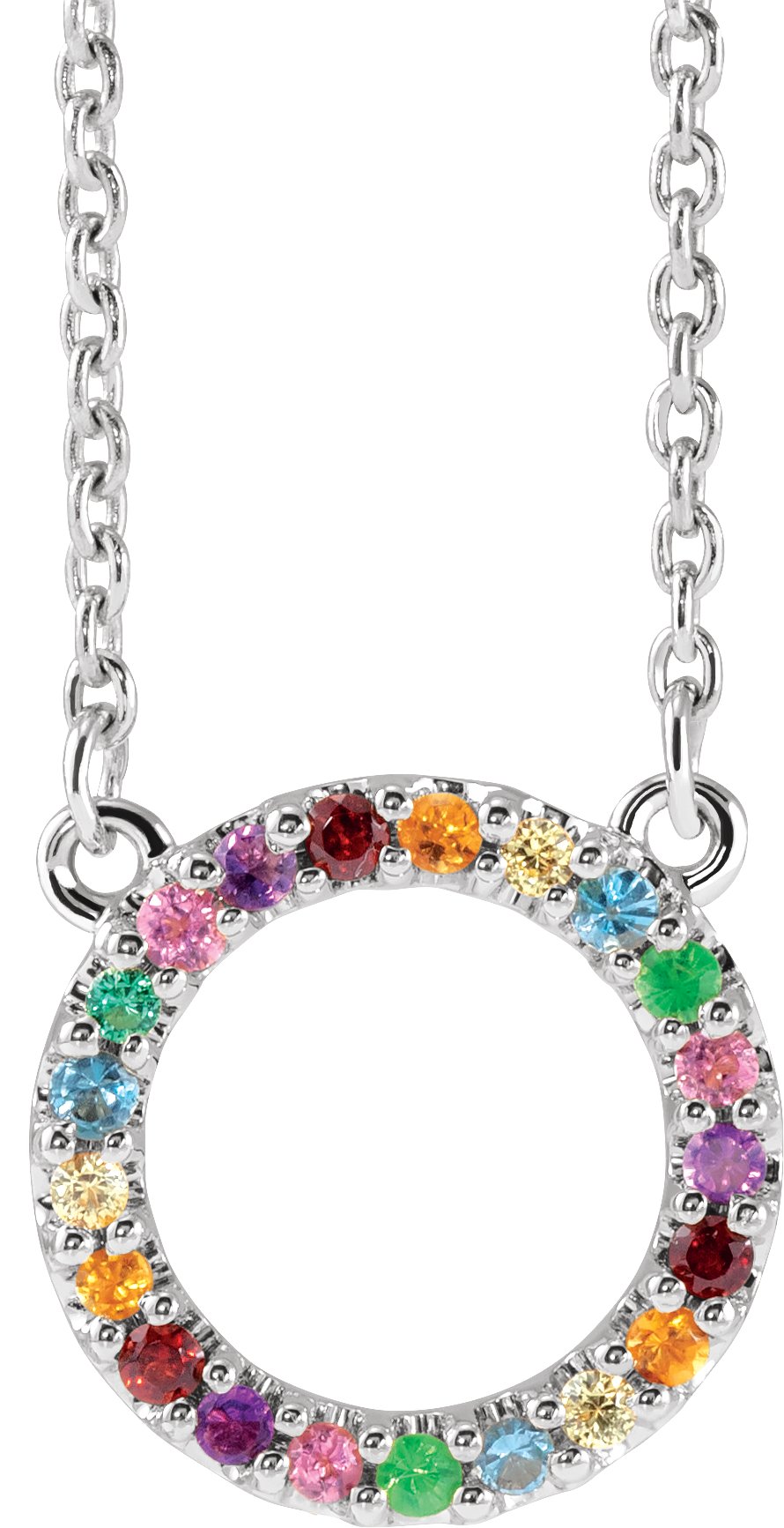 14K White Natural Multi-Gemstone Rainbow Circle 16" Necklace