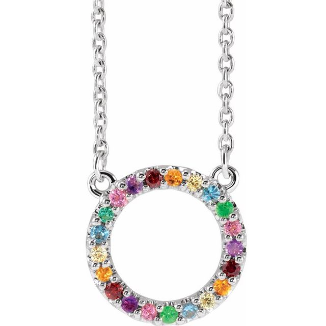 14K White Natural Multi-Gemstone Rainbow Circle 16 Necklace