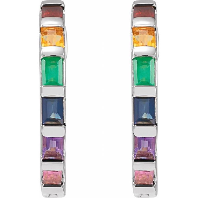 14K White Natural Multi-Gemstone Rainbow Hoop Earrings