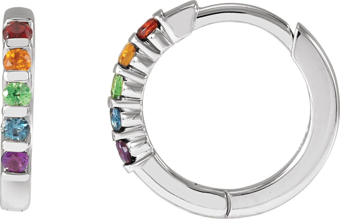 14K White Natural Multi-Gemstone Rainbow Huggie Hoop Earrings