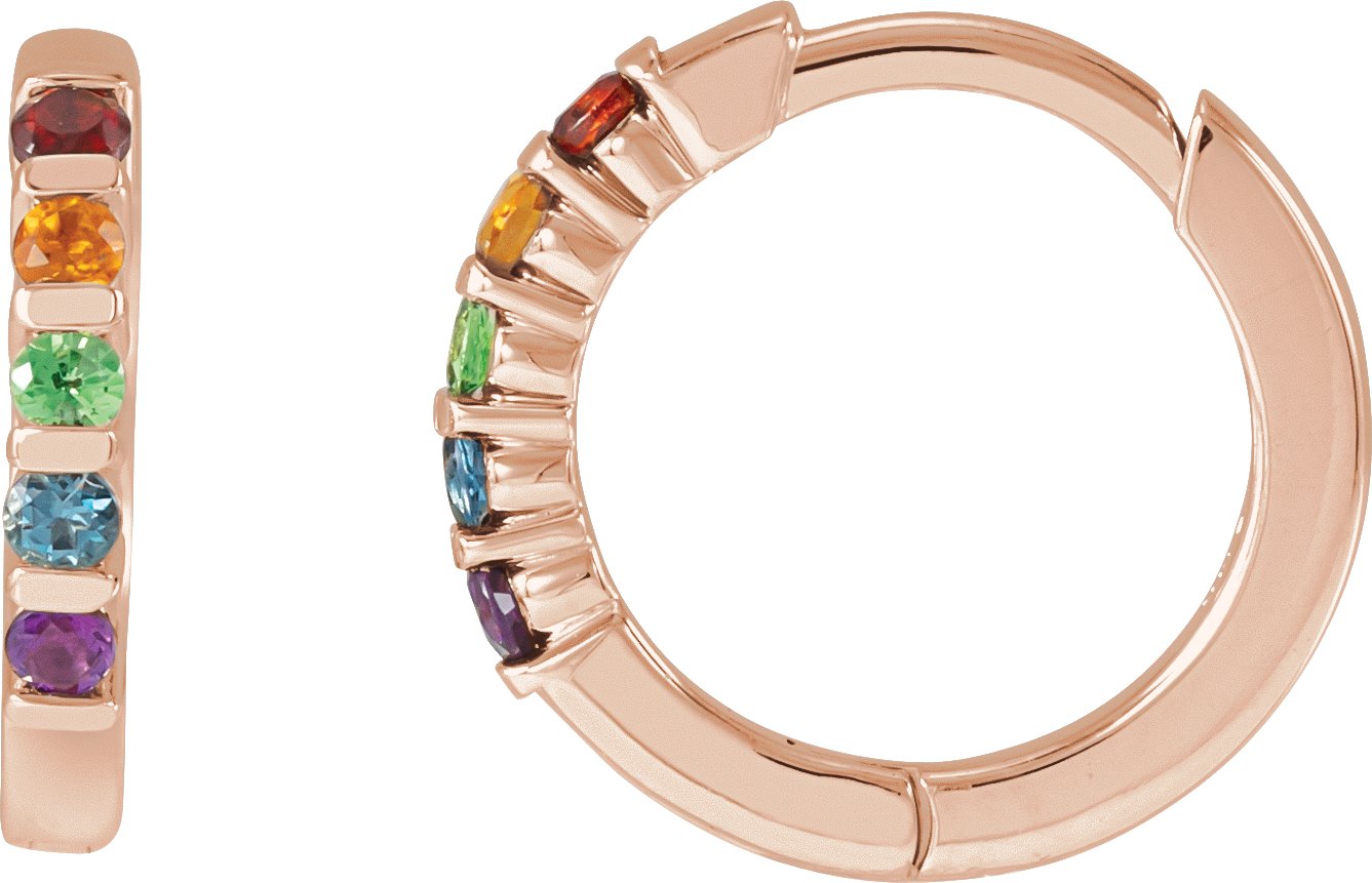 14K Rose Natural Multi-Gemstone Rainbow Huggie Hoop Earrings