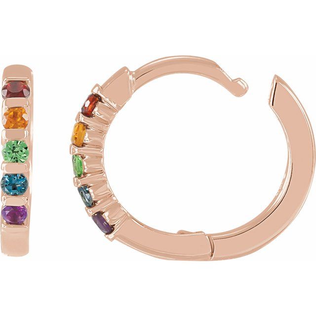 14K Rose Natural Multi-Gemstone Rainbow Huggie Hoop Earrings