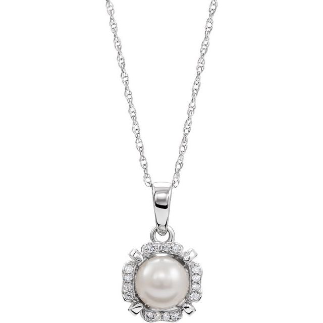 14K White Cultured White Freshwater Pearl & .04 CTW Natural Diamond 18