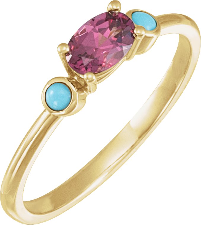 14K Yellow 6x4 mm Natural Rhodolite Garnet & Natural Turquoise Ring