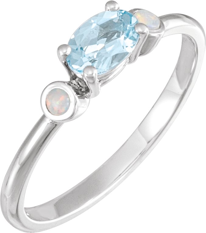 14K White 6x4 mm Natural Sky Blue Topaz & Natural White Opal Ring
