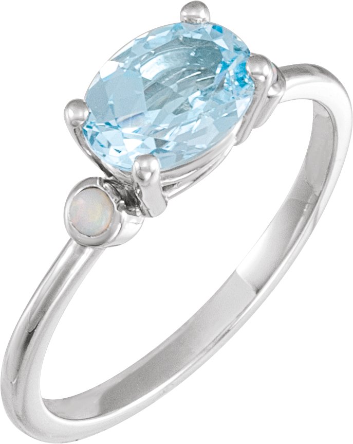 14K White 8x6 mm Natural Sky Blue Topaz & Natural White Opal Ring