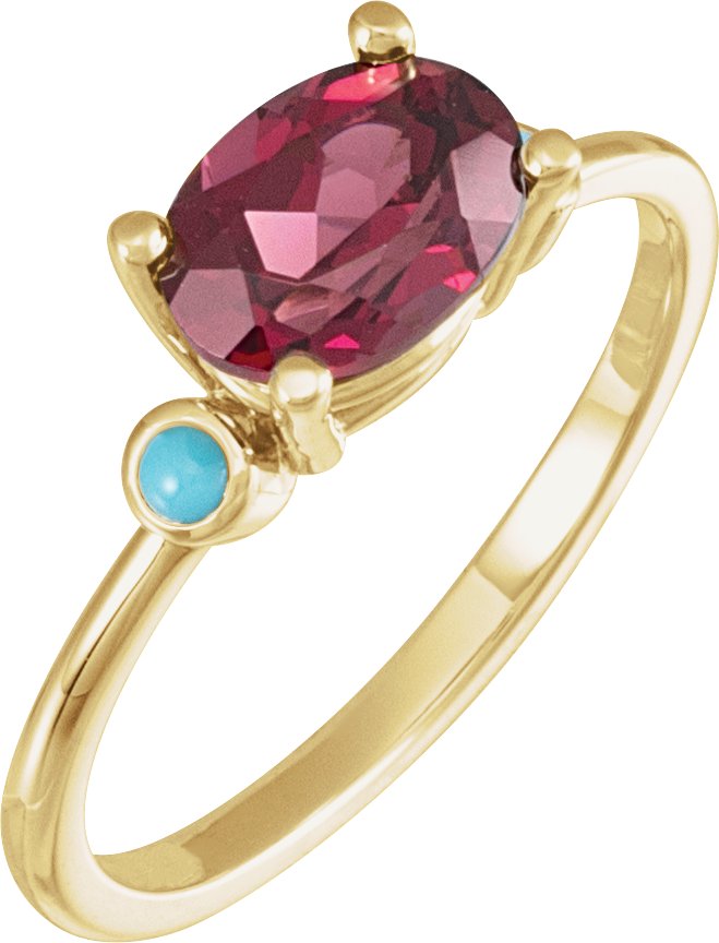 14K Yellow 8x6 mm Natural Rhodolite Garnet & Natural Turquoise Ring