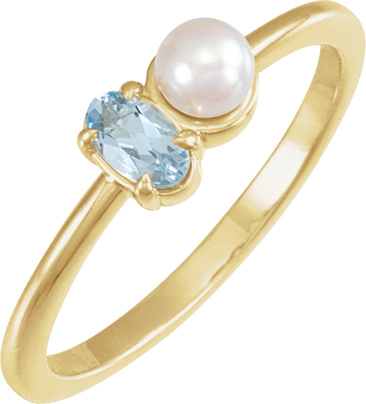 14K Yellow Natural Aquamarine & Cultured White Akoya Pearl Ring