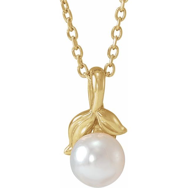 14K Yellow 5 mm Cultured White Akoya Pearl Floral 16-18 Necklace