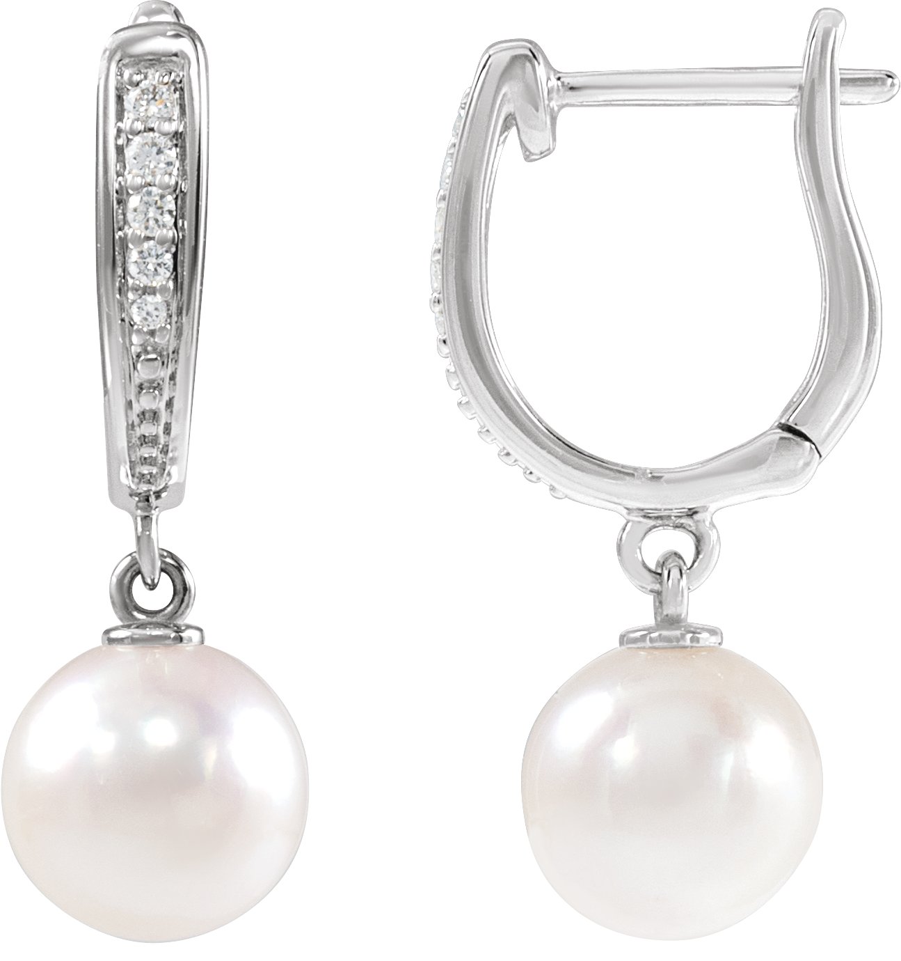 14K White Cultured White Akoya Pearl & .03 Natural Diamond Earrings