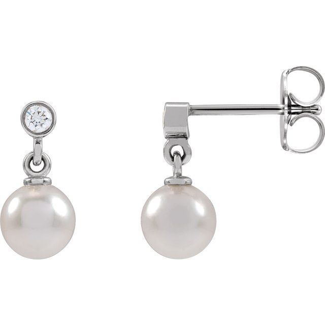 Sterling Silver Cultured White Akoya Pearl & .06 CTW Natural Diamond Earrings