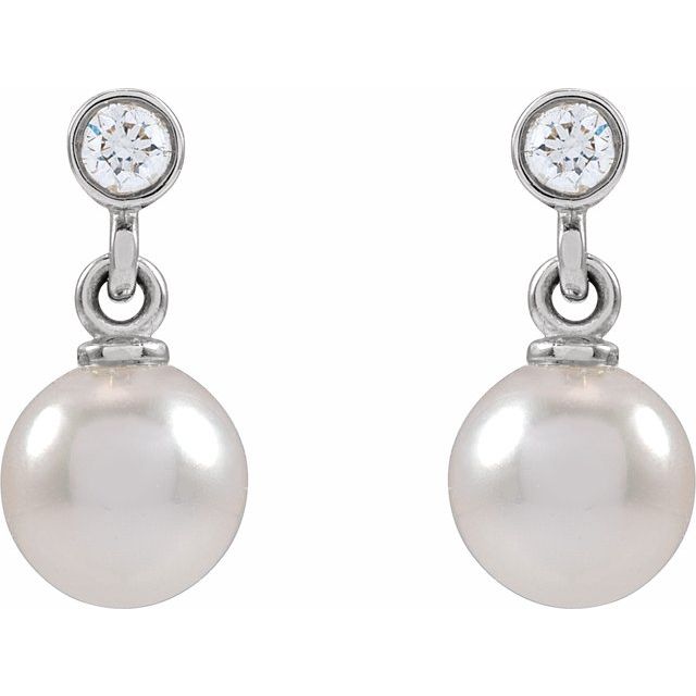 14K White Cultured White Akoya Pearl & .06 CTW Natural Diamond Earrings