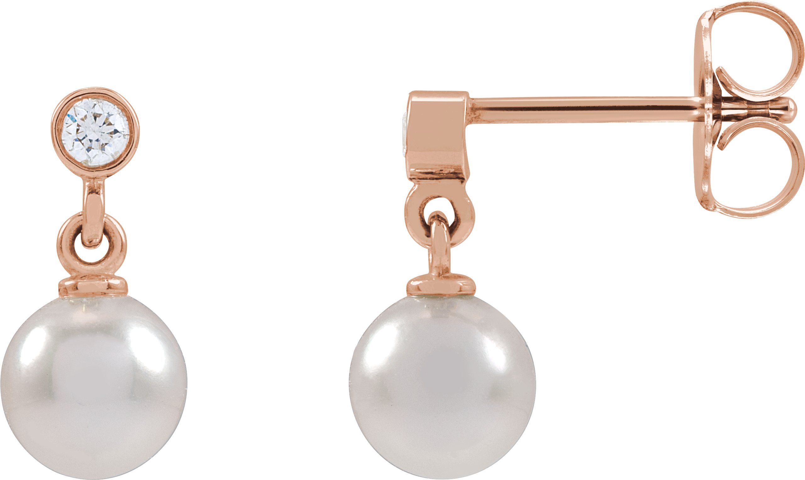 14K Rose Cultured White Akoya Pearl & .06 CTW Natural Diamond Earrings