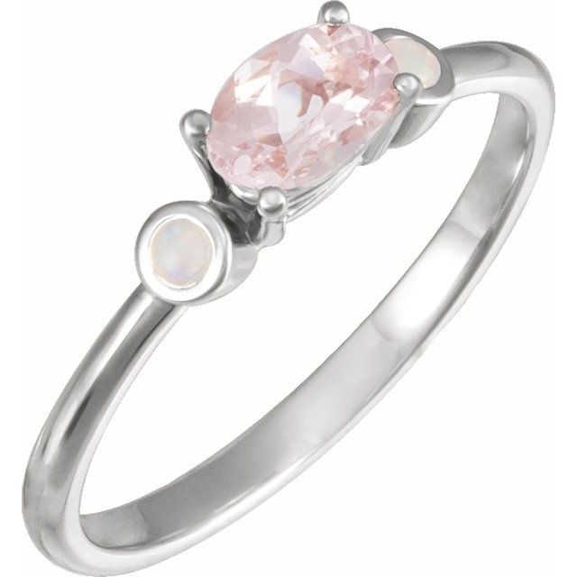 14K White 6x4 mm Natural Pink Morganite & Natural White Opal Ring