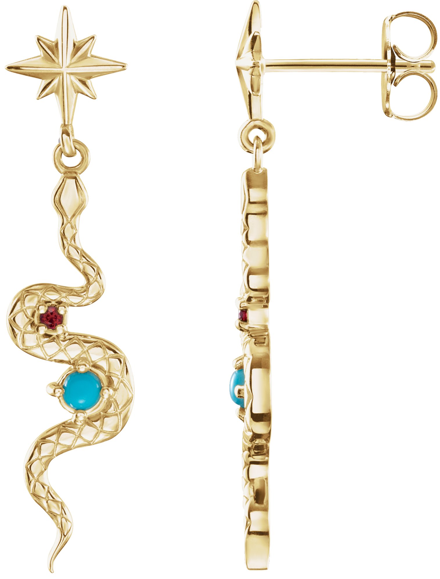 14K Yellow Natural Turquoise & Natural Ruby Snake Earrings