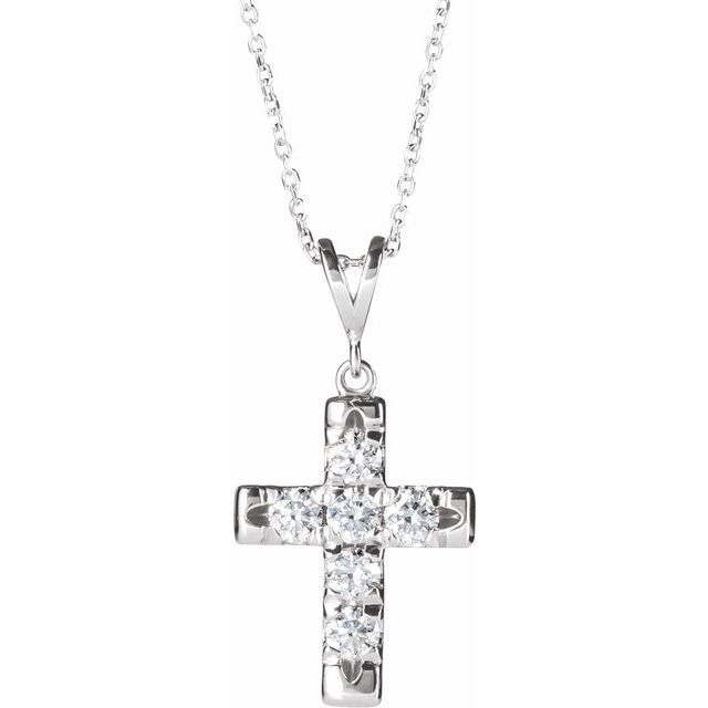 14K White 3/4 CTW Natural Diamond French-Set Cross 16-18" Necklace