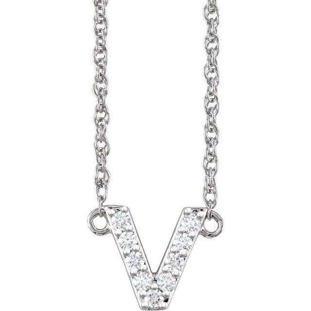 14K White 1/10 CTW Natural Diamond Lowercase Initial v 16-18" Necklace