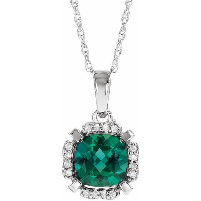 14K White Lab-Grown Emerald & .04 CTW Natural Diamond 18