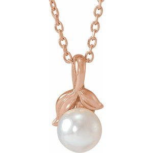 14K Rose 4-4.5 mm Cultured White Akoya Pearl Floral 16-18" Necklace