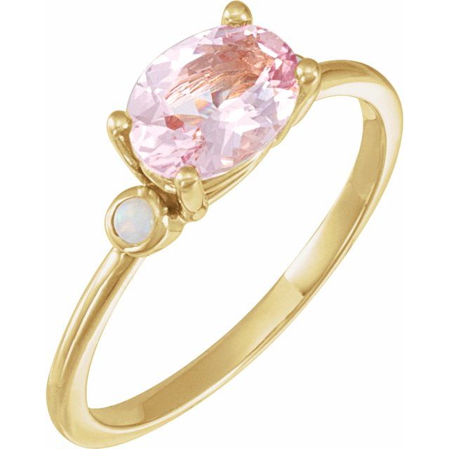 14K Yellow 8x6 mm Natural Pink Morganite & Natural White Opal Ring