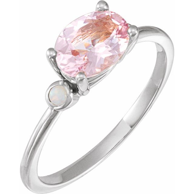 14K White 8x6 mm Natural Pink Morganite & Natural White Opal Ring