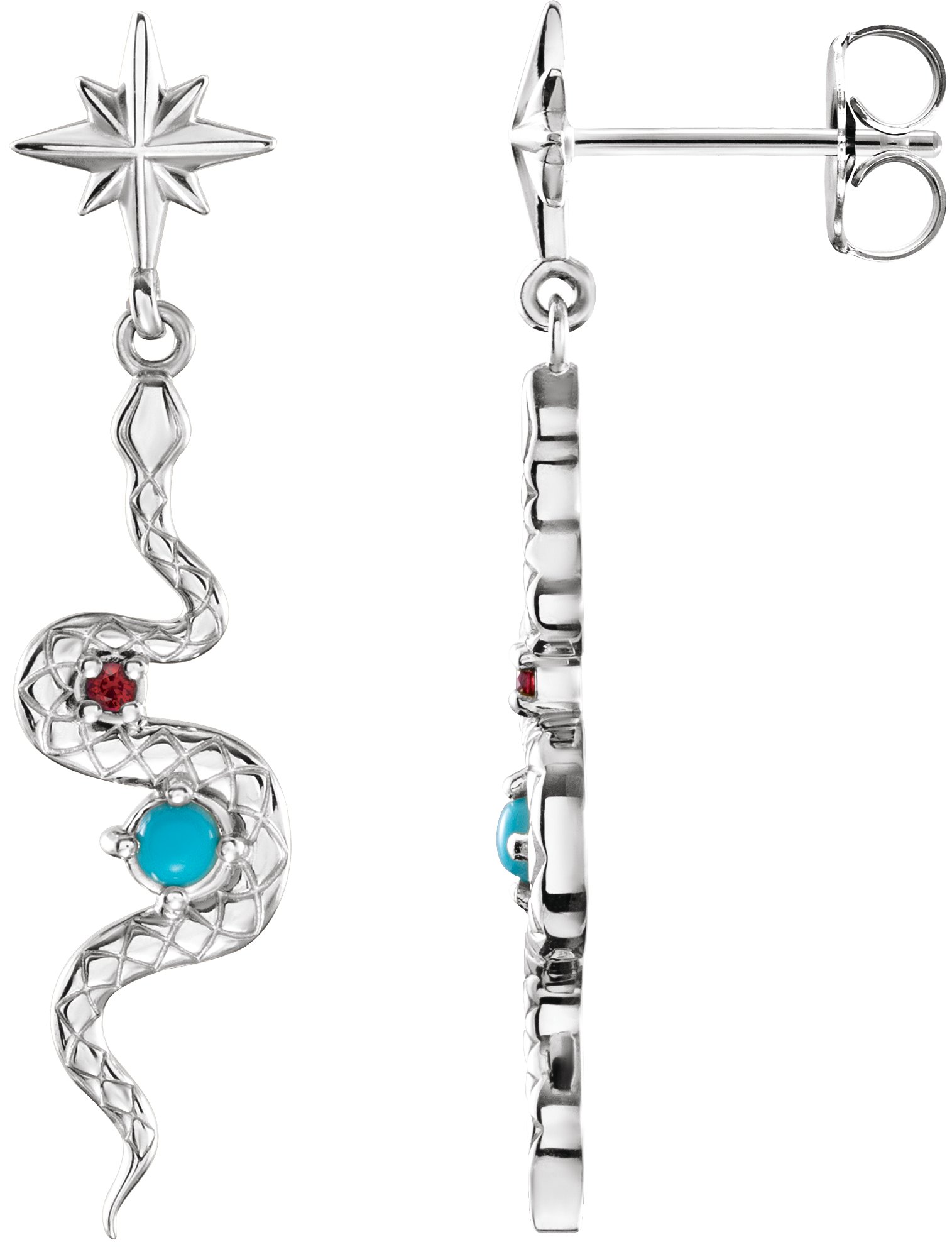 14K White Natural Turquoise & Natural Ruby Snake Earrings