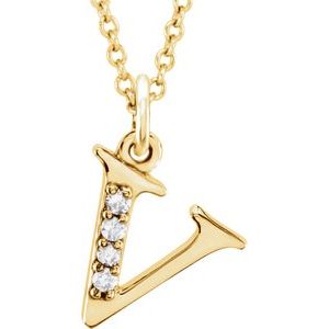 14K Yellow .02 CTW Natural Diamond Lowercase Initial V 16" Necklace