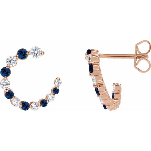 14K Rose Natural Blue Sapphire & 1/3 CTW Natural Diamond Hoop Earrings