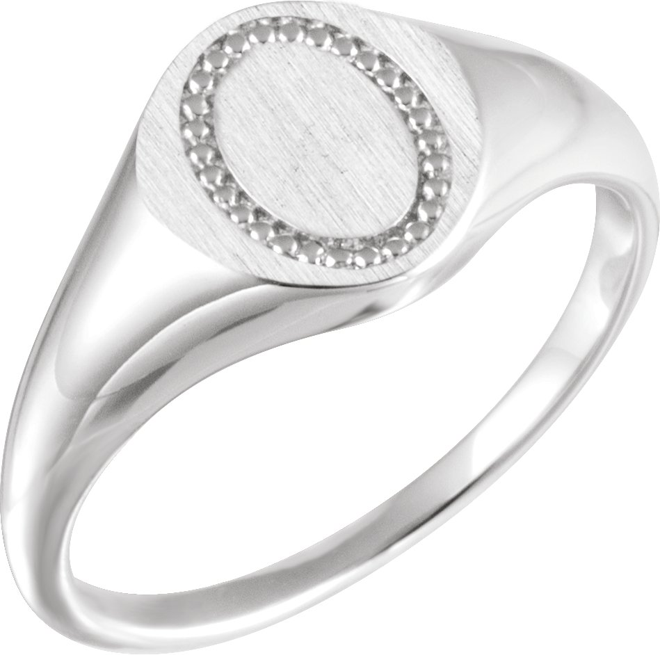 14K White 10x8 mm Oval Beaded Signet Ring  