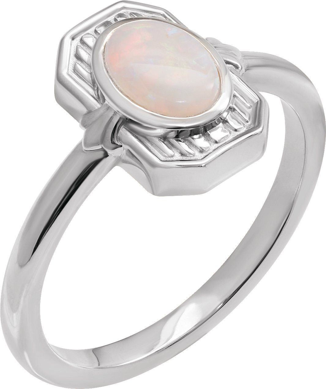 Platinum Natural White Opal Cabochon Ring