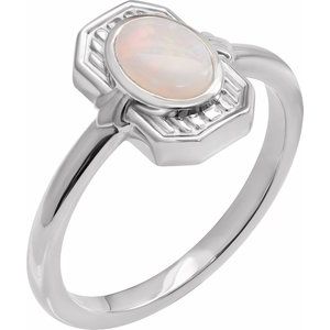 Platinum Natural White Opal Cabochon Ring