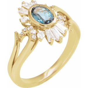 14K Yellow Natural London Blue Topaz & 1/2 CTW Natural Diamond Halo-Style Ring