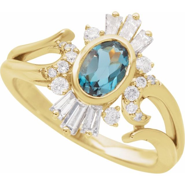 14K Yellow Natural London Blue Topaz & 1/2 CTW Natural Diamond Celestial Ring