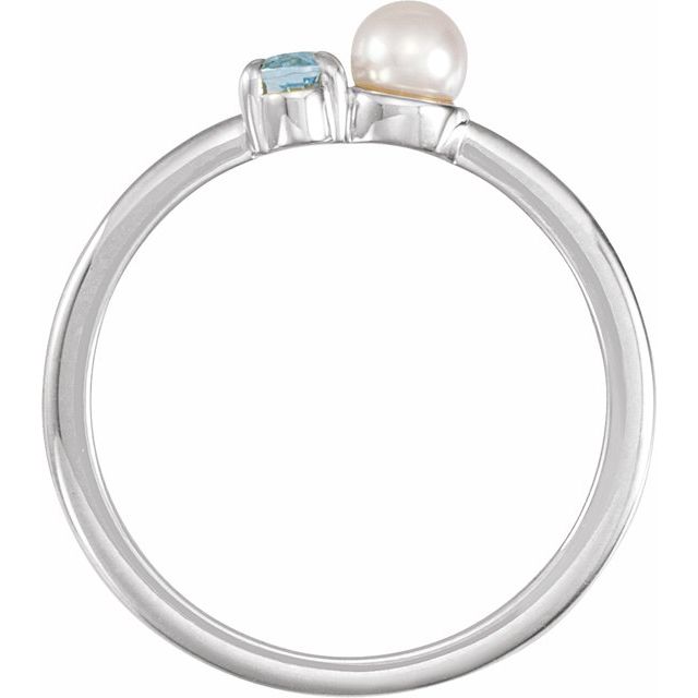 14K White Natural Aquamarine & Cultured White Akoya Pearl Ring