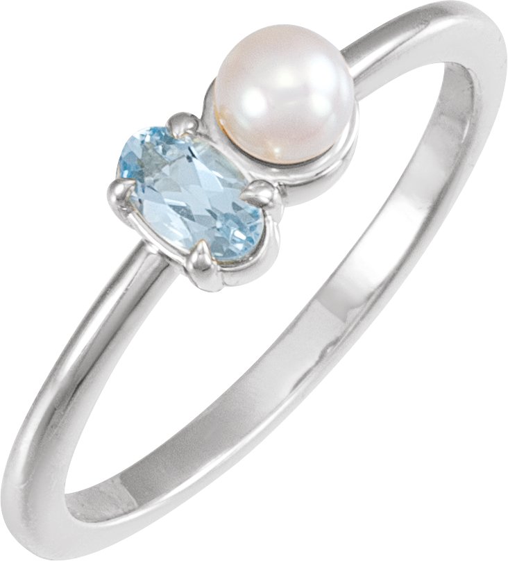 14K White Natural Aquamarine & Cultured White Akoya Pearl Ring