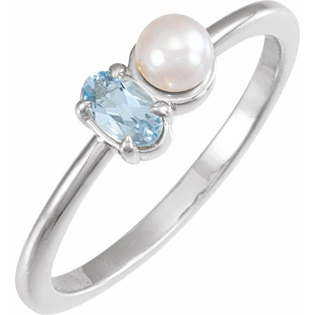 14K White Natural Aquamarine & Cultured White Akoya Pearl Ring