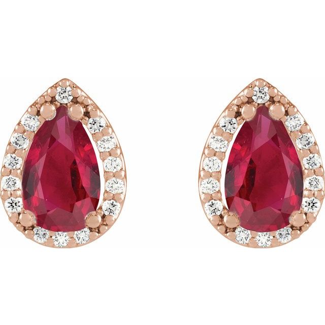 14K Rose Lab-Grown Ruby & 1/10 CTW Natural Diamond Halo-Style Earrings