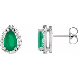 14K White Lab-Grown Emerald & 1/10 CTW Natural Diamond Halo-Style Earrings
