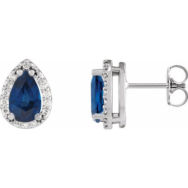 14K White Lab-Grown Blue Sapphire & .05 CTW Natural Diamond Halo-Style Earrings