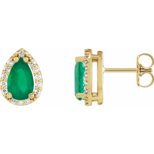 14K Yellow Lab-Grown Emerald & 1/10 CTW Natural Diamond Halo-Style Earrings