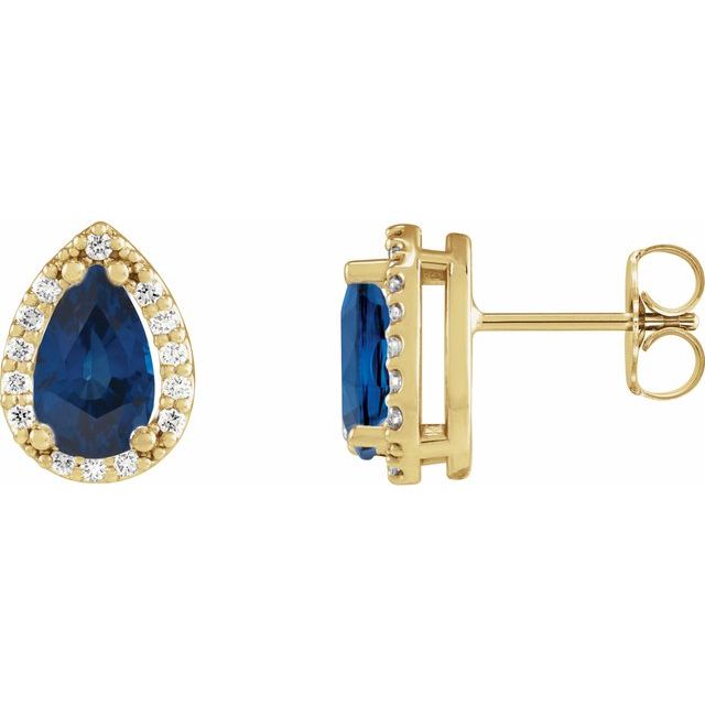 14K Yellow Lab-Grown Blue Sapphire & 1/10 CTW Natural Diamond Halo-Style Earrings