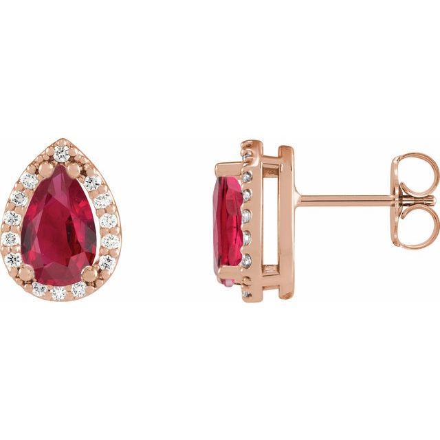 14K Rose Lab-Grown Ruby & .05 CTW Natural Diamond Halo-Style Earrings