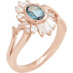 14K Rose Natural London Blue Topaz & 1/2 CTW Natural Diamond Halo-Style Ring