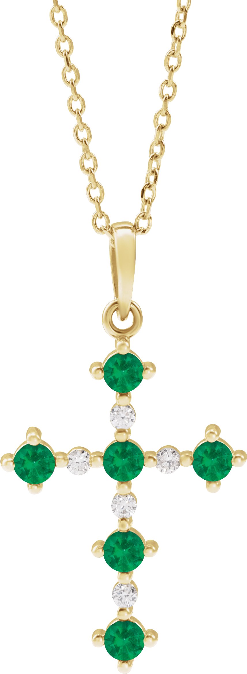 14K Yellow Lab-Grown Emerald & .07 CTW Natural Diamond Cross 16-18" Necklace